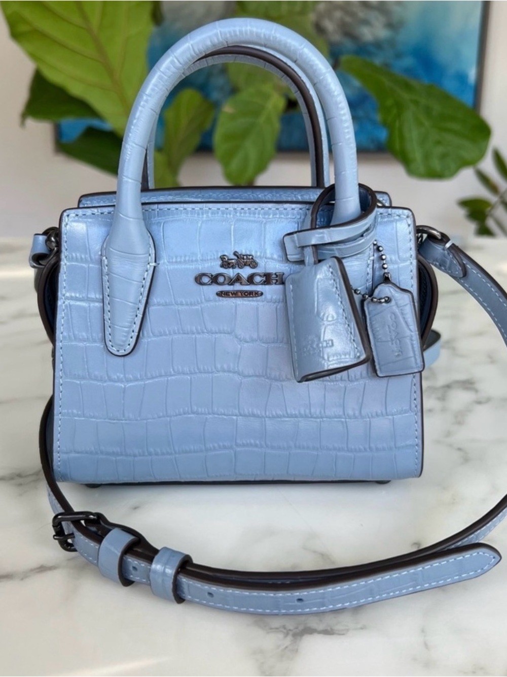 Coach Andrea Mini Carryall Crocodile Embossed Cornflower Blue Crossbody CR209